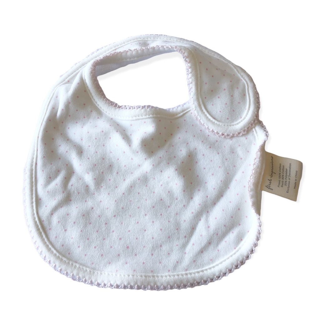 First Impressions Baby Bib • Pink/White Polka Dot • OS • NWOT